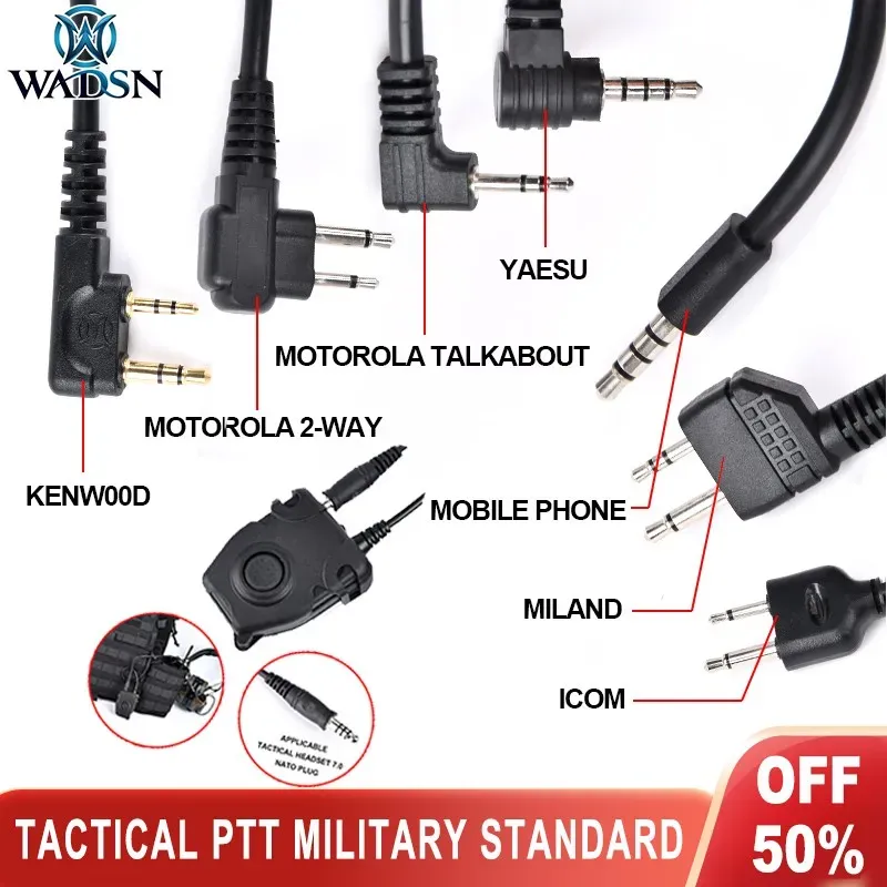 Tillbehör Wadsn Tactical PTT Pushtalk -knapp Militär headset Comtact hörlurar med Motorola Kenwood ICOM Midland Plug för Baofeng Radio