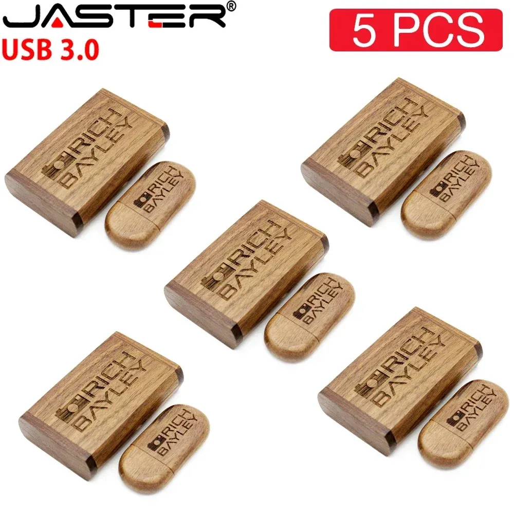 5PCS/ロットジャスターUSB 3.0木製USB+ボックスペンドライブ4GB 16GB 32GB 64GB USBフラッシュドライブペンドライブメモリスティック1PCS無料カスタムロゴ