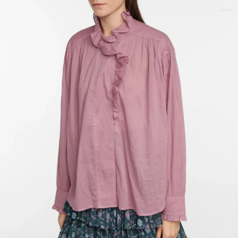Kobiety bluzki kobiety 2024 Wiosna i lato w stylu retro w stylu damskim potargana okrągła szyjka Latarna koszula