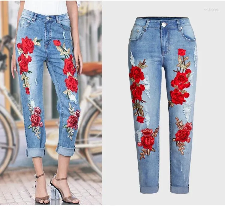 Dżinsy damskie vintage mody dżins rozerwany dla kobiet haft w lupgy mama szerokie spodnie nogi żeńskie spodnie streetwearne