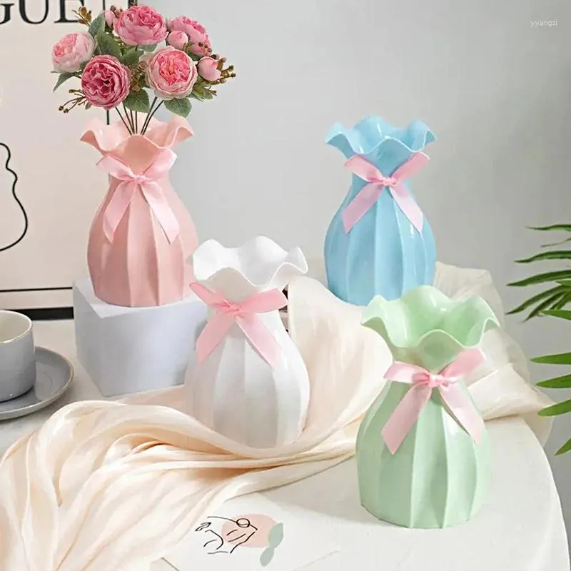 Vazen bowknot plastic vaas ruches golvende mond verticale strepen imitatie keramische huistafel versier bloem arrangement