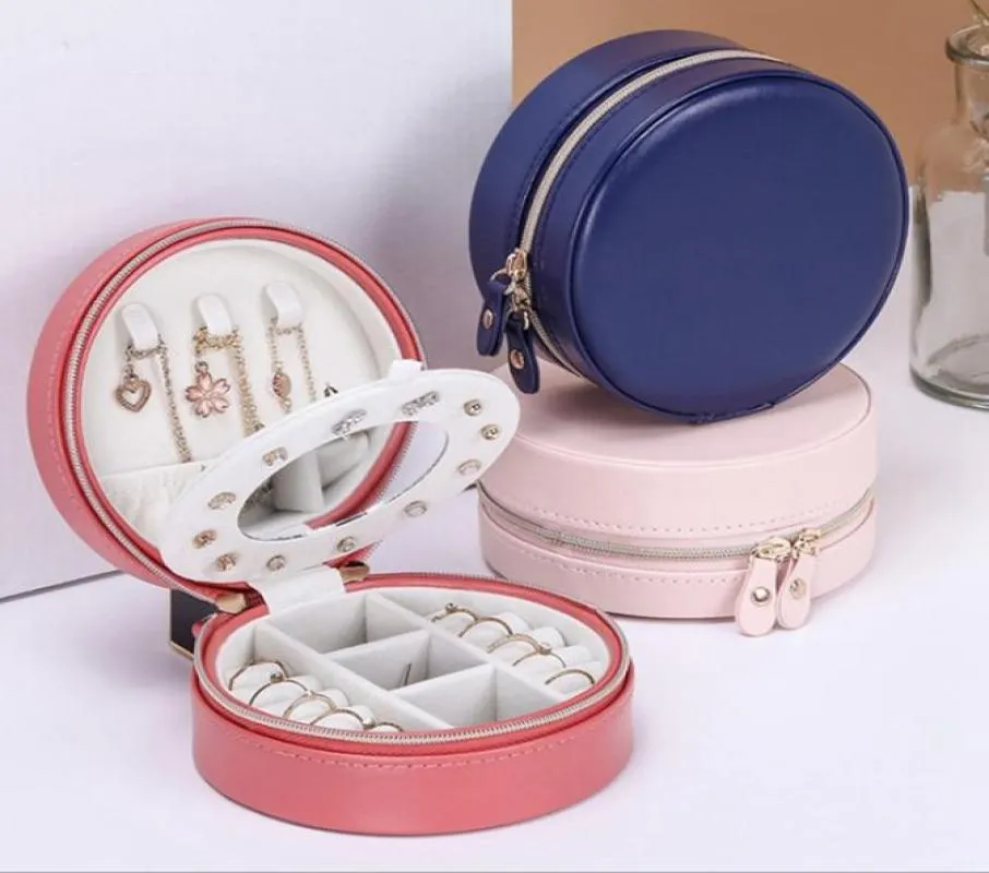 Portable Round Round Sieraden Box Travel Zipper PU Lederen sieraden Display Doos opbergzak cadeau oorrang opbergkoffer voor home1147250