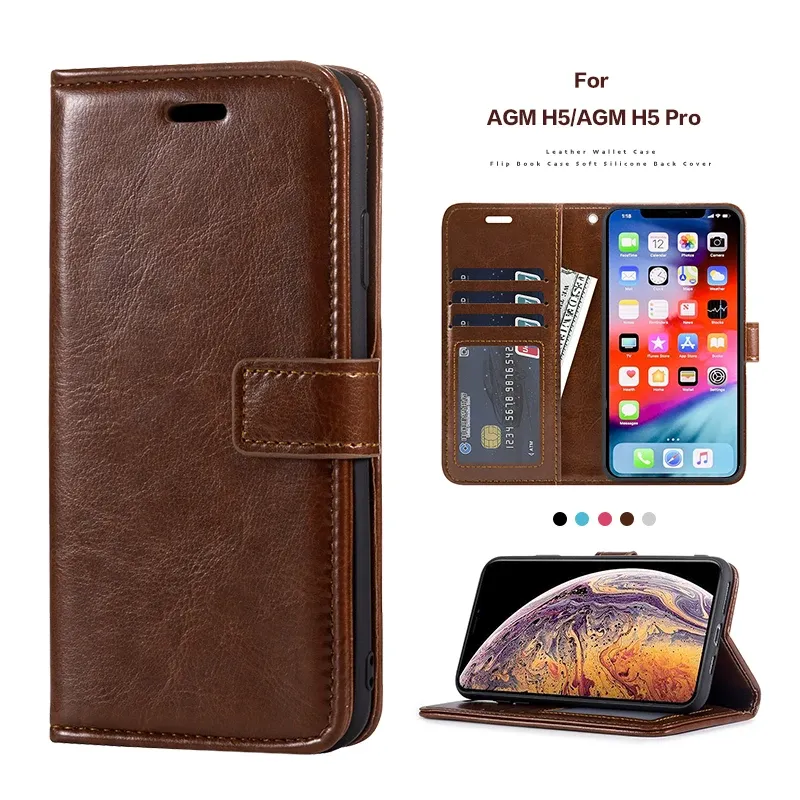 Fall Pu Leather Flip Case for AGM H5 Card Holder Silicone Fotorram Fall Wallet Cover för AGM H5 Pro Business Case