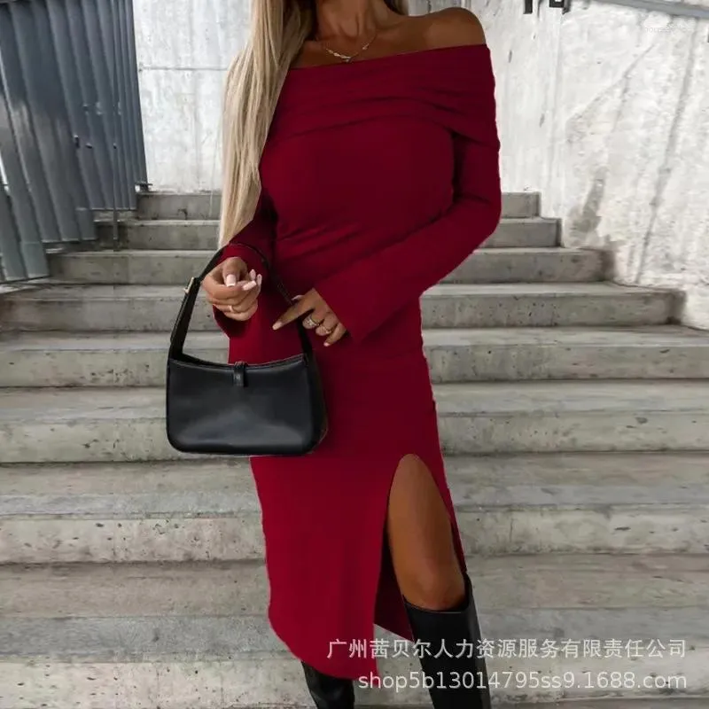 Vestidos informales Collar de manga larga Vestido Midi Moda Y2K Off-Neck Split Women Off Shoulder Sexy Winist Warlathon Fodycon