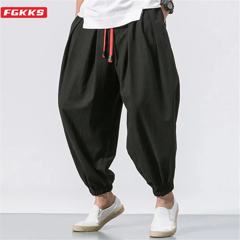 FGKKS Ożyści mężczyźni luźne spodnie haremu jesienne chińskie lniane nadwagę dresowe wiejskie spusty marki High Qual Casual Marki Male 240424