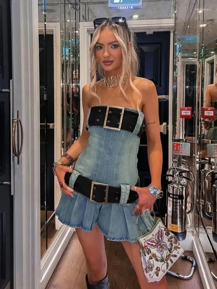 HOUZHOU Vintage Y2k Strapless Denim Corset Top Dress - Korean Fashion Bodycon for Women, Perfect for Summer Streetwear and Kpop Enthusiasts - Pleated