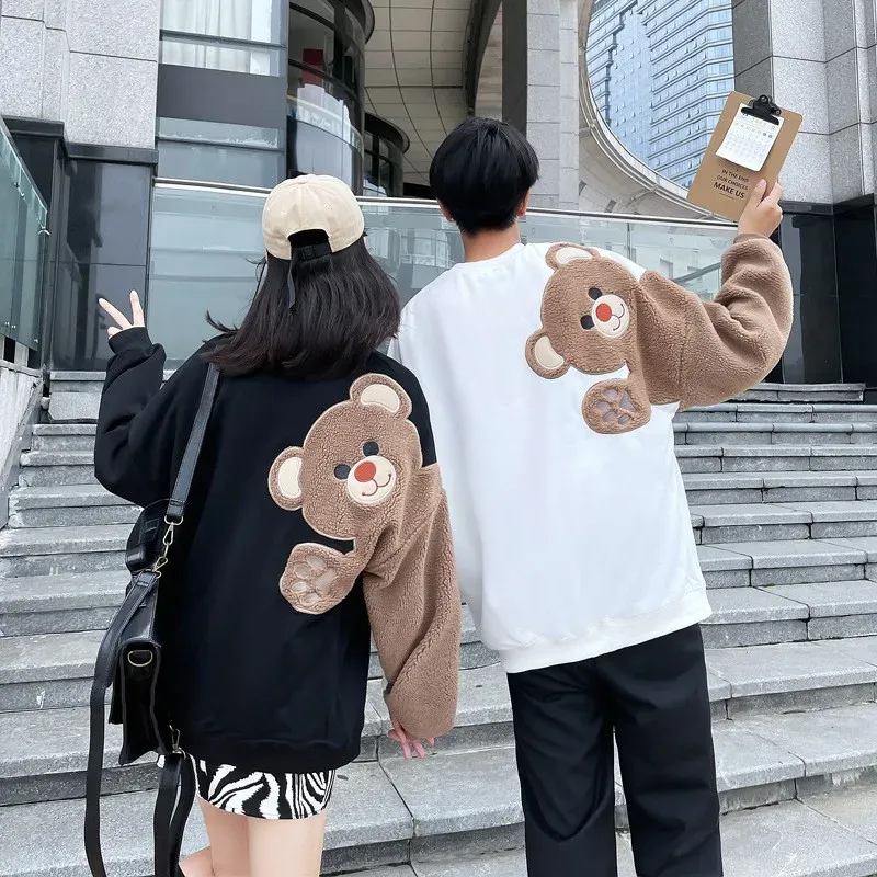 Sweatshirts Bear Embroidery Sweatshirts Fleece Dropshoulder Sleeves Hoodies Best Friends Matching Couple Outfit Harajuku Pullover Tops