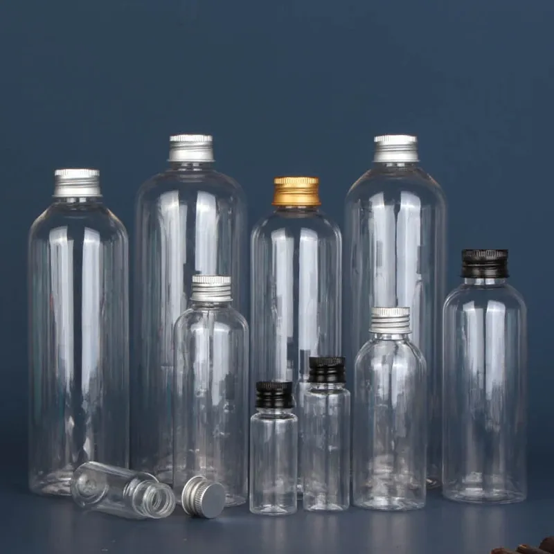 Flessen plastic fles aluminium dop transparante slanke afgesloten vloeistof huisdier monster navulbare lege draagbare reiscontainer cosmetica