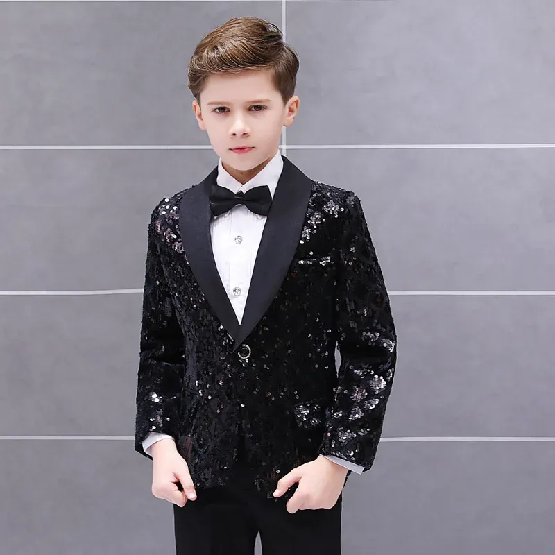 Blazers Boys Handsome Veet Flip Sequins Costume Set Flower Children Performance Performance Host Costume Kids Blazer Bowtie Vêtements