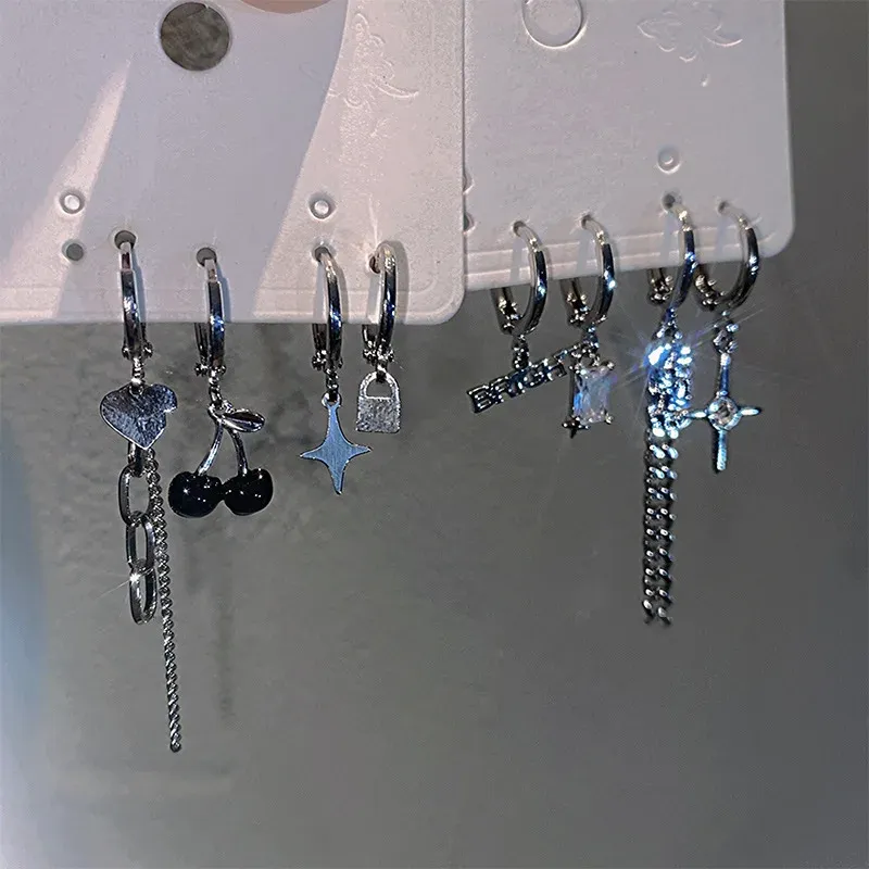 Earrings Silver Color Tassel Chain Heart Crystal Earring Irregular Geometric Cherry Hoop Earrings for Women Gifts Jewelry