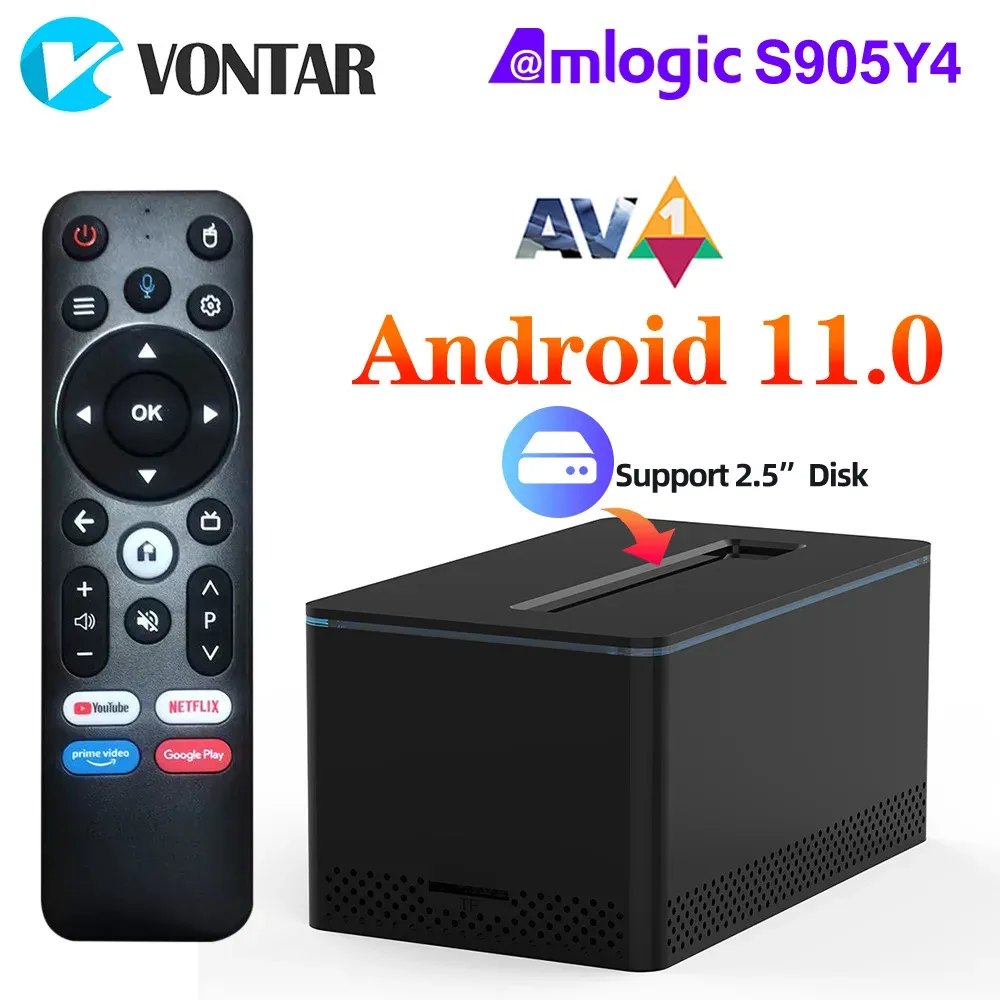 Player Vontar X6 Box TV Android 11 AmLogic S905Y4 2GB 16GB Suporte 2,5 polegadas SATA6 Disco rígido AV1 H.265 WiFi dual Build em BT Voice Remote