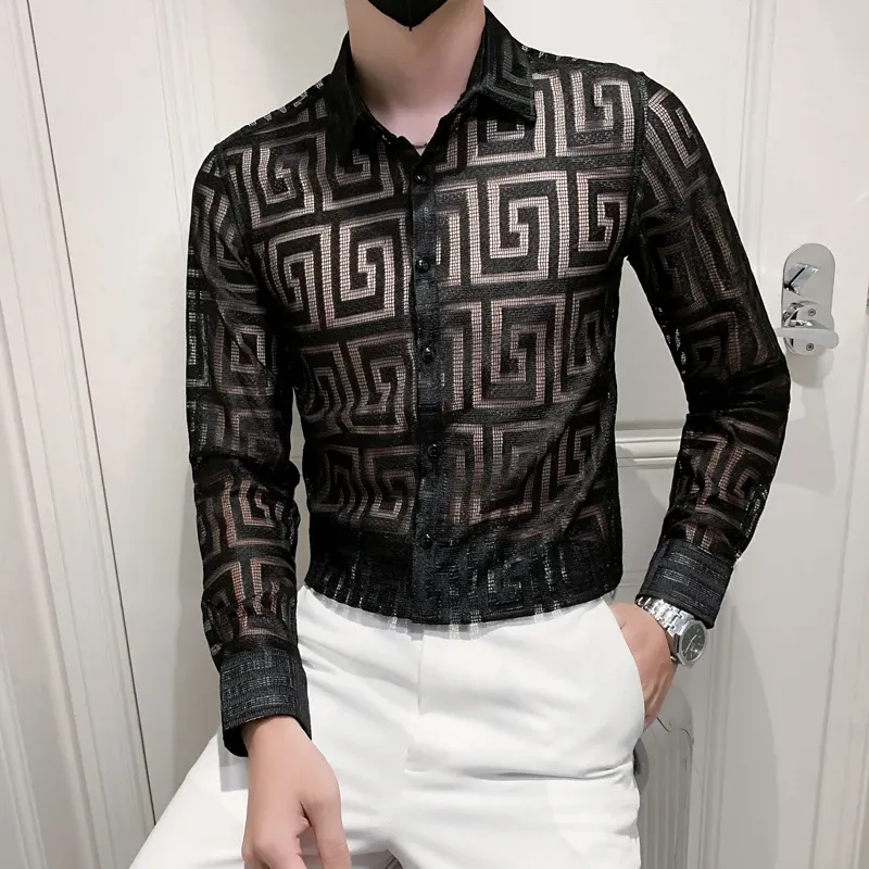 Camisetas outono novo Sexy transparente campa de renda masculina simples e combinam slim fit manga longa clube/baile chemise homme 4xl