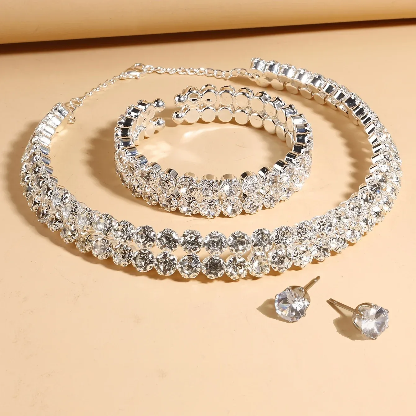 Strands Luxury Fashion Woman Double Rows Rhinestones Jewelry Choker Necklace / Chain Bracelet / Stud Earrings For Women & Girls