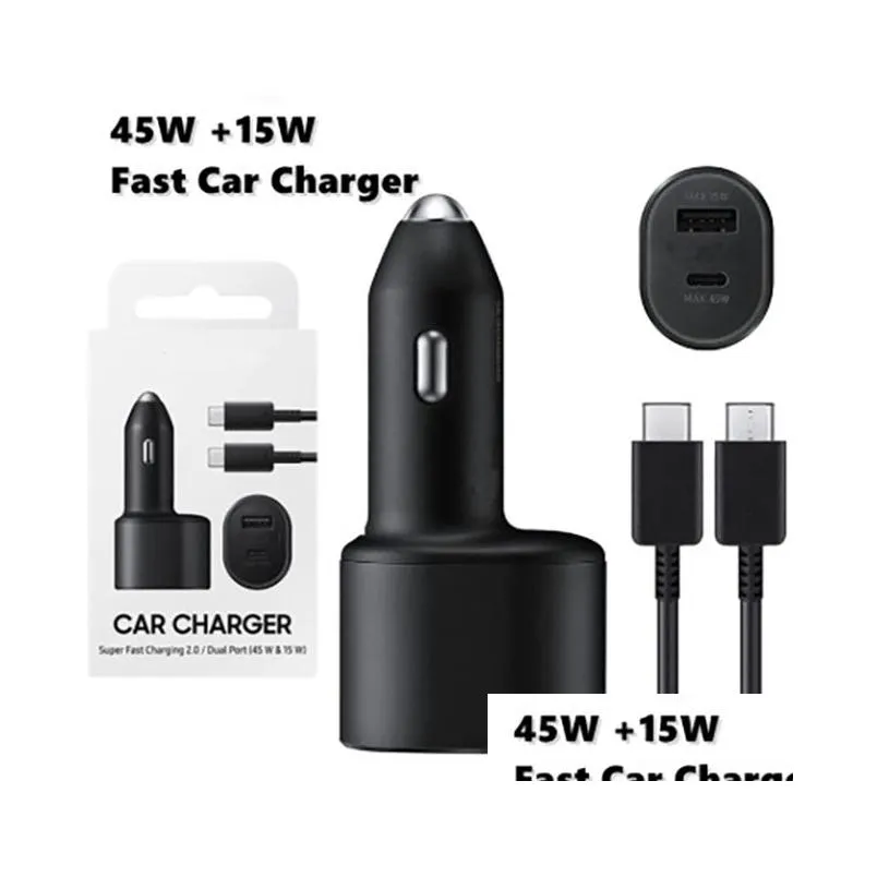 Chargers van mobiele telefoons 2 in 1 45W Voeg 15W snelle autoladeradapter toe super opladen PD USB Type C -poort 1m 3ft gegevenslijn voor Galaxy S23 S22 DHGY2