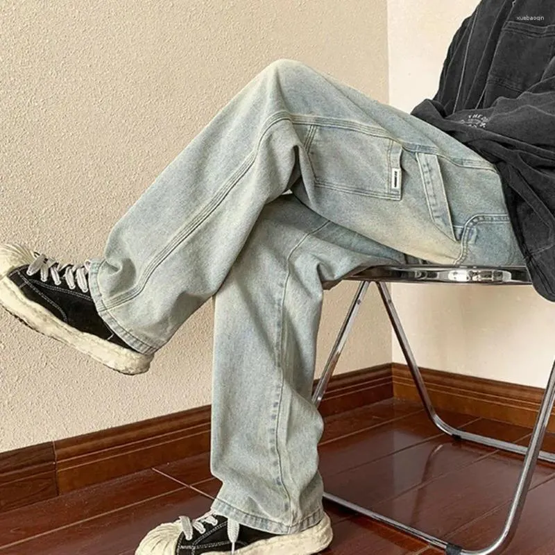 メンズジーンズの男性ストレートレッグサマーデニムカーゴドローストリングウエスト付き複数のポケットスタイリッシュな脚の高さ