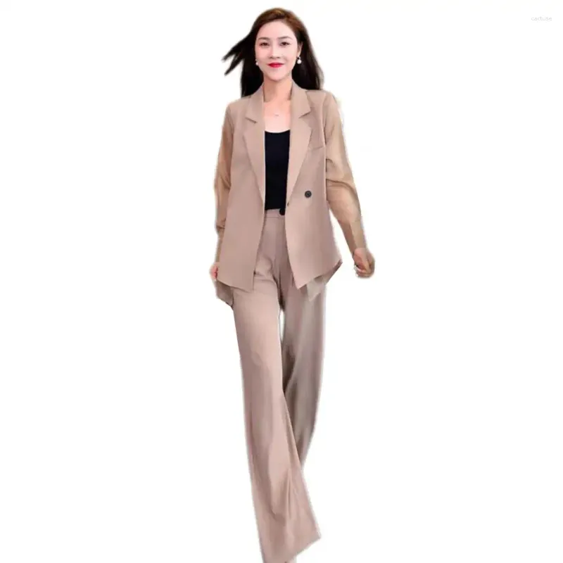 Women's Two Piece Pants Women Formal Coat Set Elegant Business Suit With Wide Leg Mesh Sleeve For Office Spring