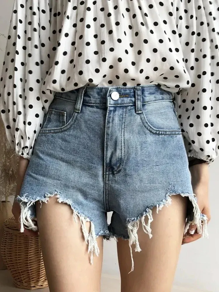 S-5xl Raw Edge Mini Shorts denim Femmes Summer High Bouton Pocket Slim Jeans Femme Femme A-Line Streetwear Pants 240418