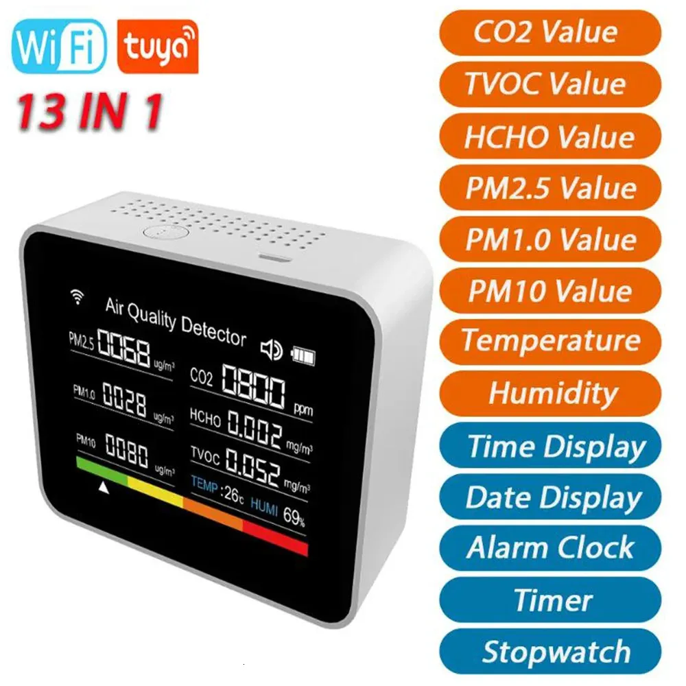 13 I 1 Tuya WiFi Air Quality Monitor CO2 Detector CO2/TVOC/HCHO/PM2.5/PM1.0/PM10/temperatur/fuktighet/tid/datum/larm/timer 240423