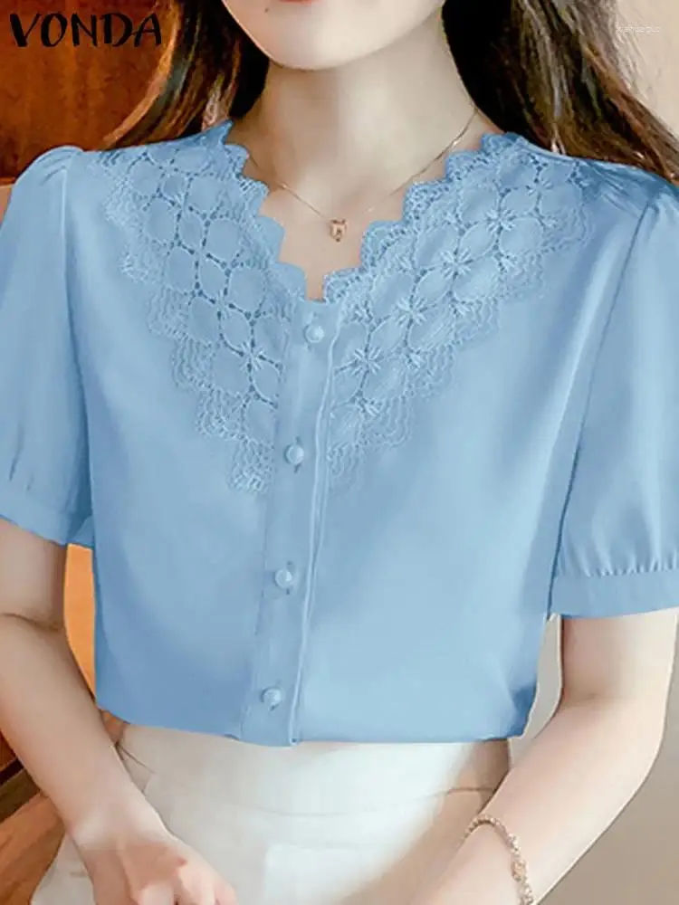 Blouses pour femmes Vonda Shirt 2024 Elegant Solid Color Blouse Fashion Short Sleeve Hid