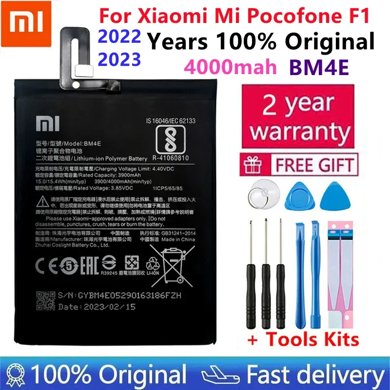 Photographie 2023 ans 100% Batterie de remplacement d'origine BM4E pour Xiaomi Mi Pocophone F1 Batterie de téléphone authentique 4000mAH + Kits à outils + autocollants