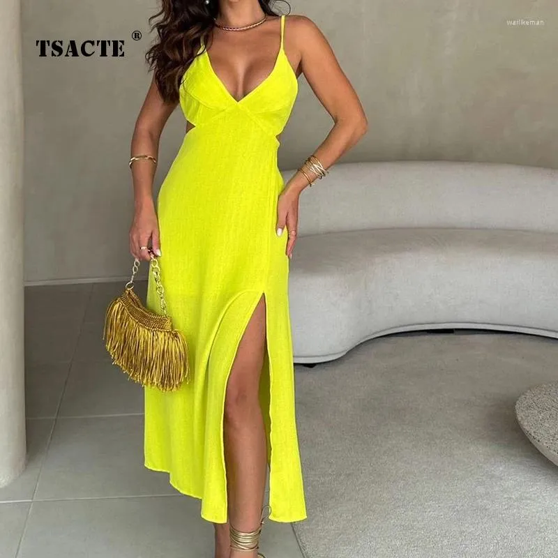 Casual jurken modieuze sexy dames v-neck slip solide kleur backless veter taille split a-line rokken 2024 lente dameskleding