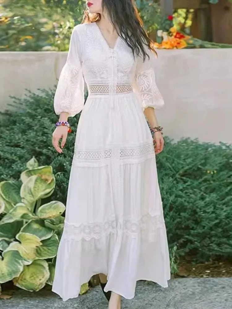 open lace back dress Wedtrend Women Simple White Casual Dress Lace Holiday Boho Beach Dress with Short Sleeves, White / 2XL main image 1