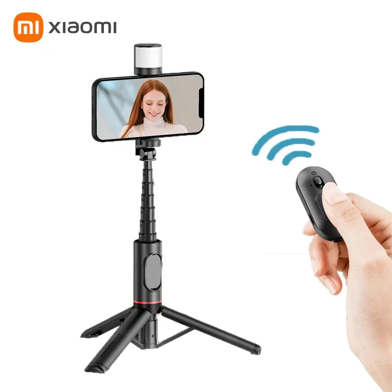 Pinnar xiaomi vikbar trådlös Bluetooth selfie stick stativ med avlägsna slutare fyller ljus aluminium legering teleskop selfie stck