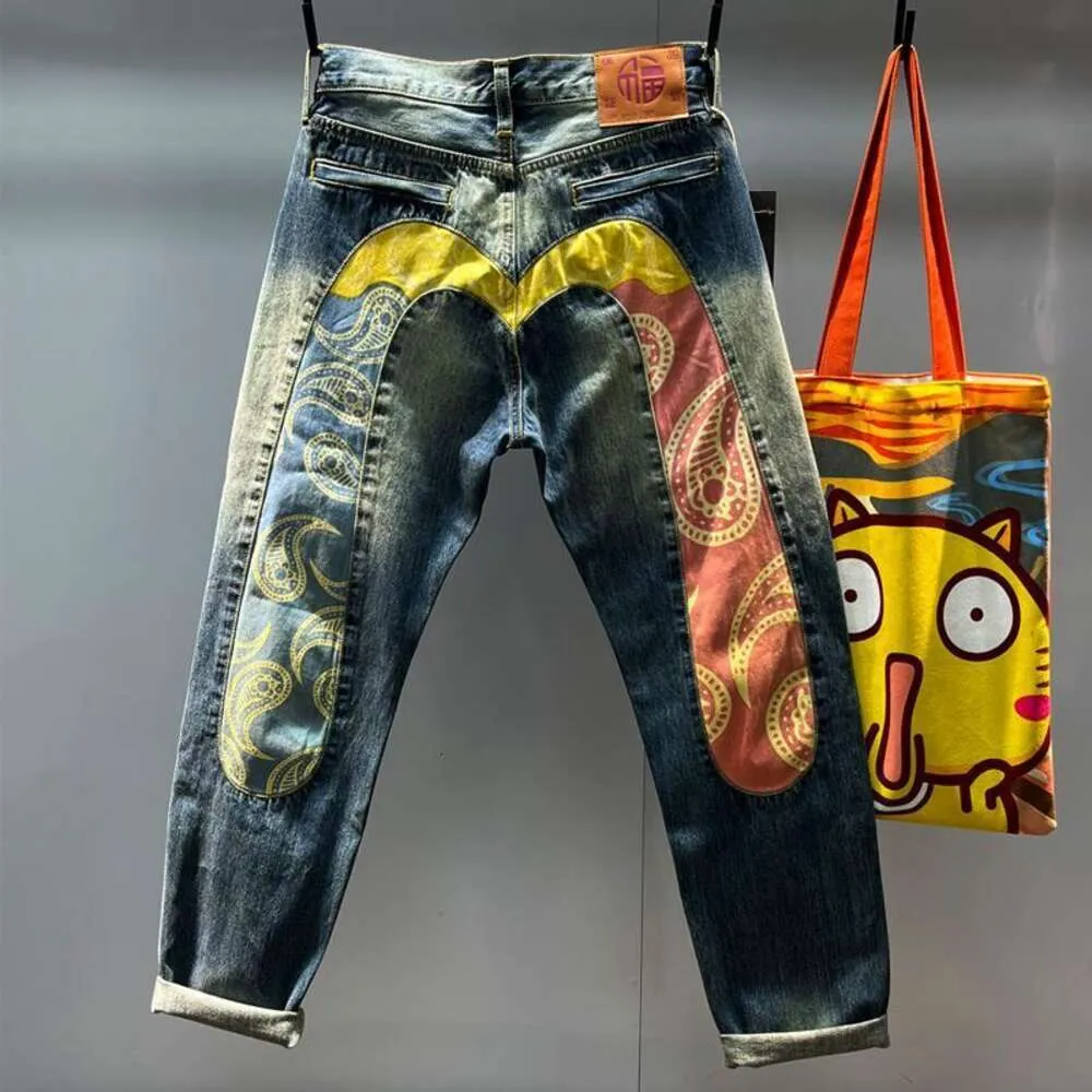 2023 Autumn/Winter New Washed Old Jeans For Men's Trendy Brand M Print Spliced Mandarin Duck Loose Large Straight 246121