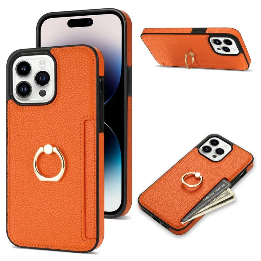 حلقة رنين أسود iPhone Case Phone Case Apple Protective Case Card Side Skin Tourn Feel Leather مناسبة لـ iPhone 15 Plus 14 13 12 11 Pro Max