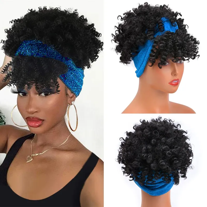 Perruques Wig Band Wig avec frange Afro Pinky Curly Wig synthétique résistant à la chaleur naturelle sans mon glué