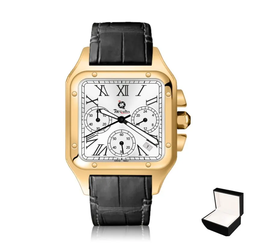 Men039s Automatyczny zegarek mechaniczny Warun Santo Gold Stael Stael Case Skórzowy pasek W2SA Sixhand Sapphire Tarf FA7842999