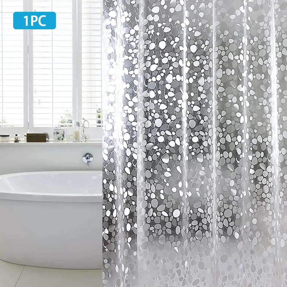 1PC Shower Curtain with Hooks PVC Waterproof Mildew Resistant Antibacterial 3D White Semi Transparent Pebble Shower Curtain 240419