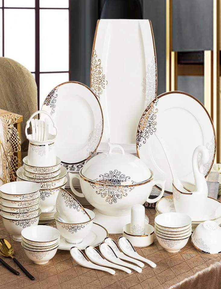 Aegean Sea Series Ceramic Dinner Eware 60st och28st Modern Simple Design Bone China Tableware Set Gold Rim Dinner Plates Set2392418