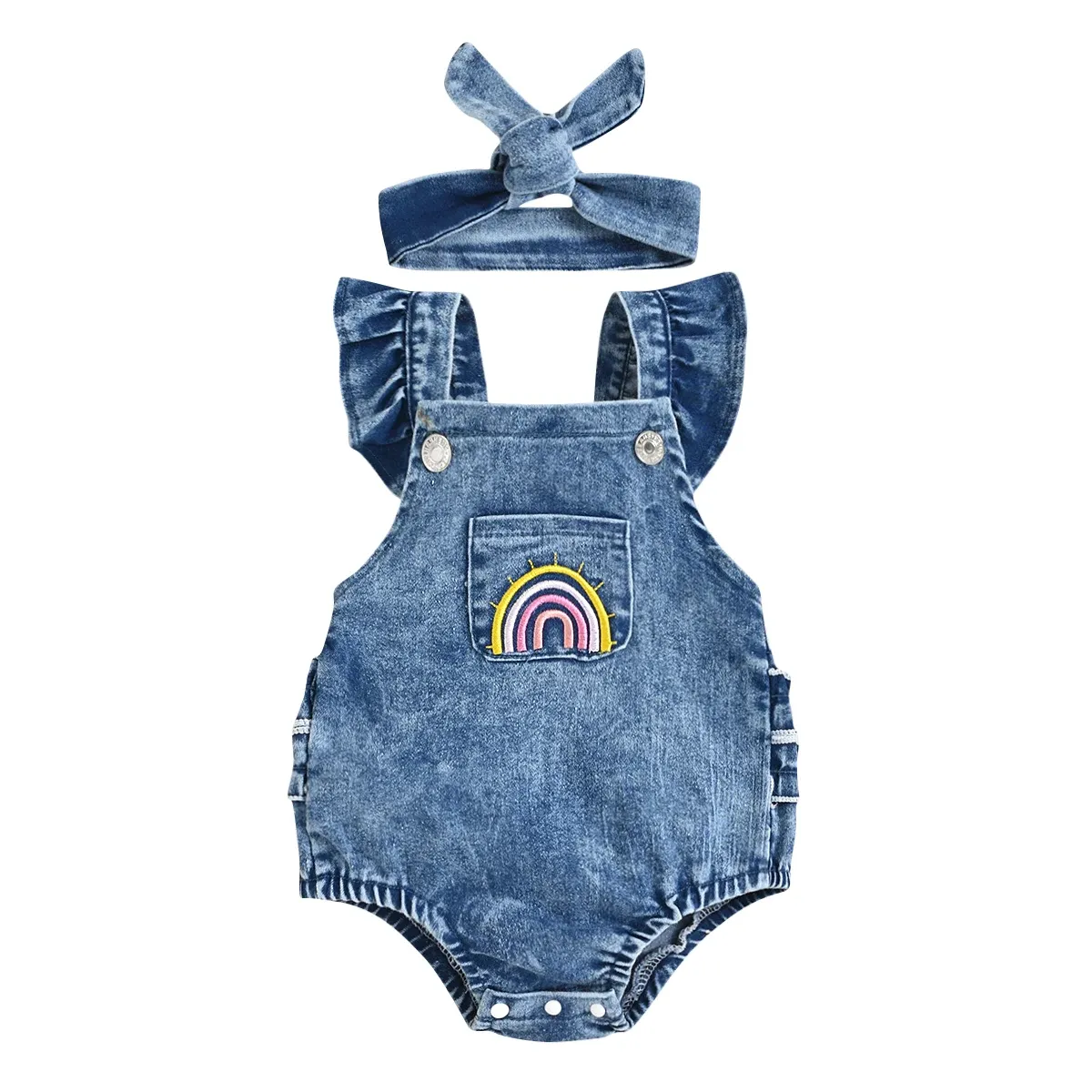 Één-stuks focusnorm 018m regenboog bedrukte babymeisjes jongens denim rompers ruches ruches korte mouw pocket jumpsuits hoofdband