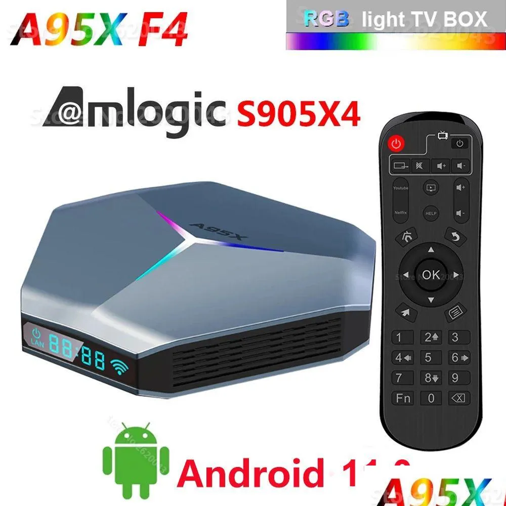 안드로이드 TV 박스 A95X F4 11 AMLOGIC S905X4 쿼드 코어 4G 32G 2.4G 5G WIFI BLUETOOTH 8K RGB LIGHT SMART TVBOX DROP DERPLAVING ELECTRONICS SA OTE2Q