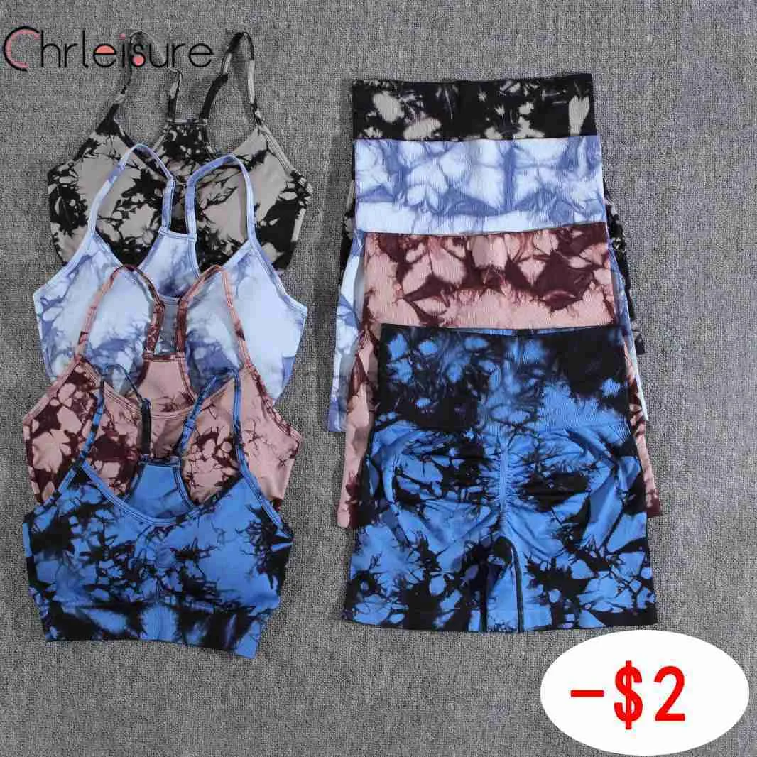 A5ZE Active Sets CHRLEISURE Yoga Shorts Set Tie Dye Women Seamless Summer Bra Set High Waist Fitness New Sportswear Printing Yoga Short Pants Set 240424