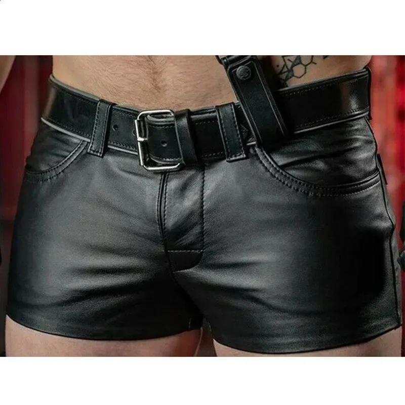 Мужские шорты с твердым цветом повседневные мужские короткие кожаные брюки весна лето мужчины модные панк -стиль черные шорты для мужчин 240418