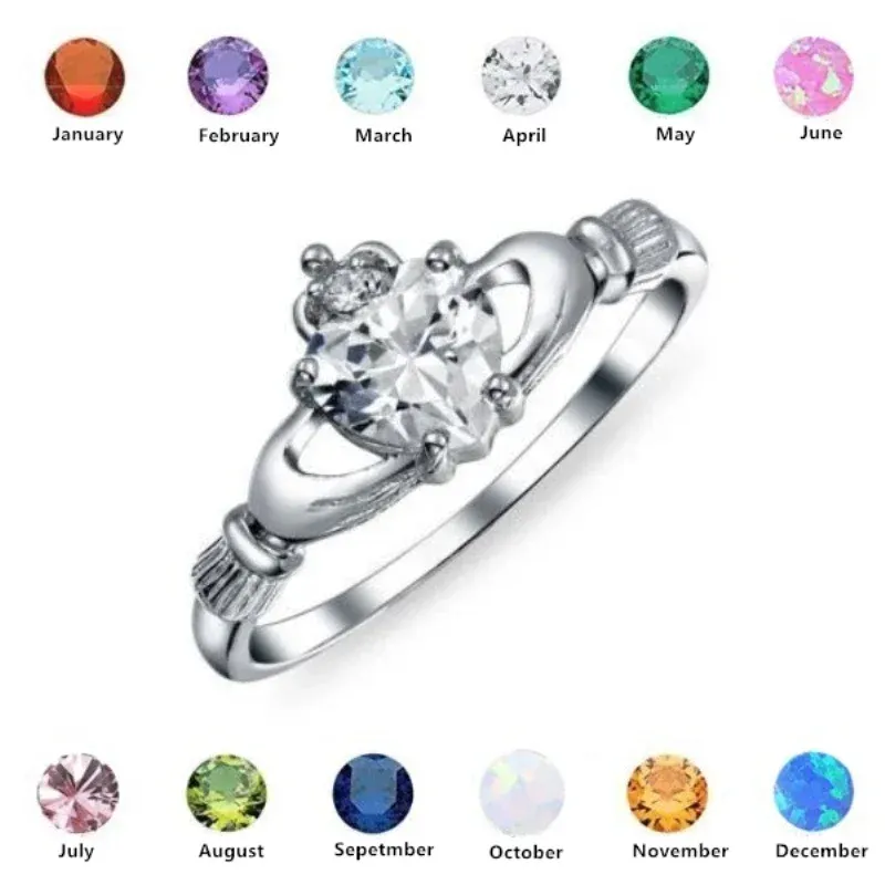 Bands New Love Heart Ring mit Geburtsstein Silber verplattet Irish Claddagh Hochzeit Verlobungsringe für Frauen Best Weihnachtsliebhaber Geschenk