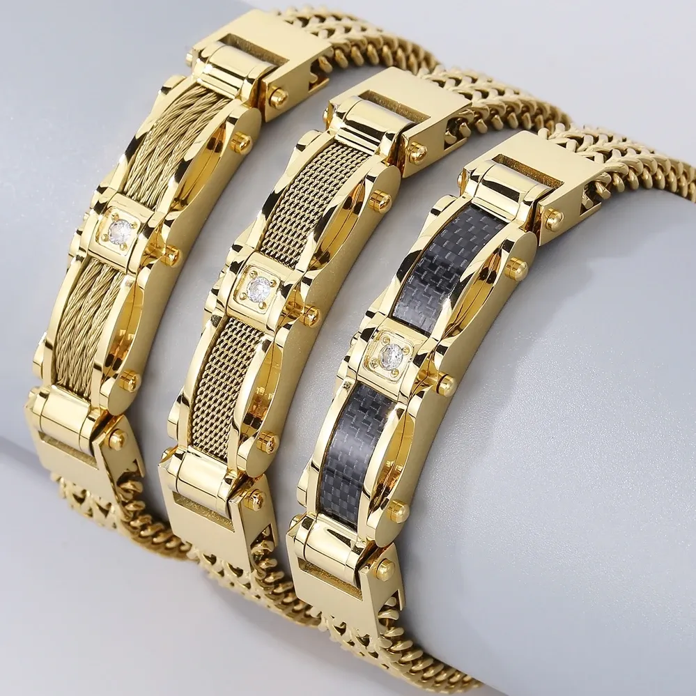 Strands Stainless Steel Bracelet for Men 12MM Width Square Franco Link Chain Men's Bracelets With CZ & Magnet Clasp Gold Plated Jewelry