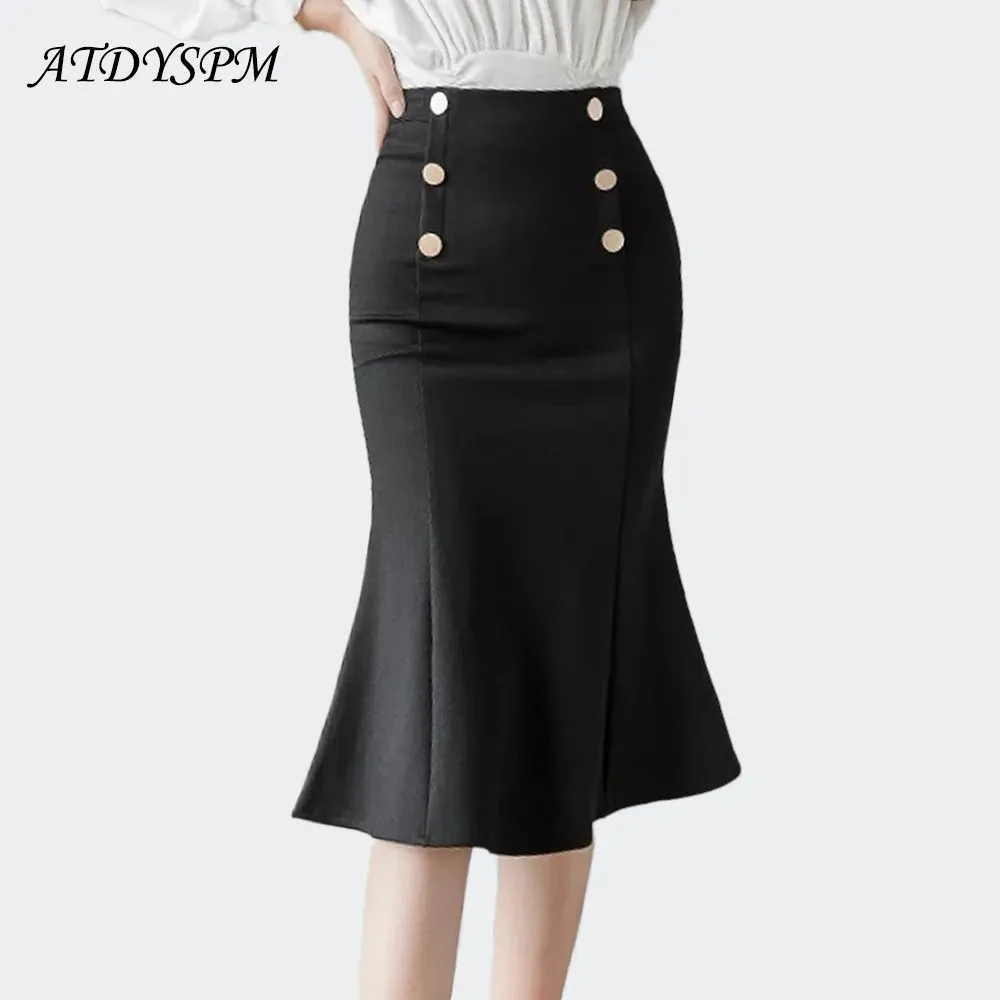 Korean Fashion Vintage High Waist Stretch Mermaid Skirts For Women Classic Buttons Office Lady Bodycon Wrap Black Midi 240418