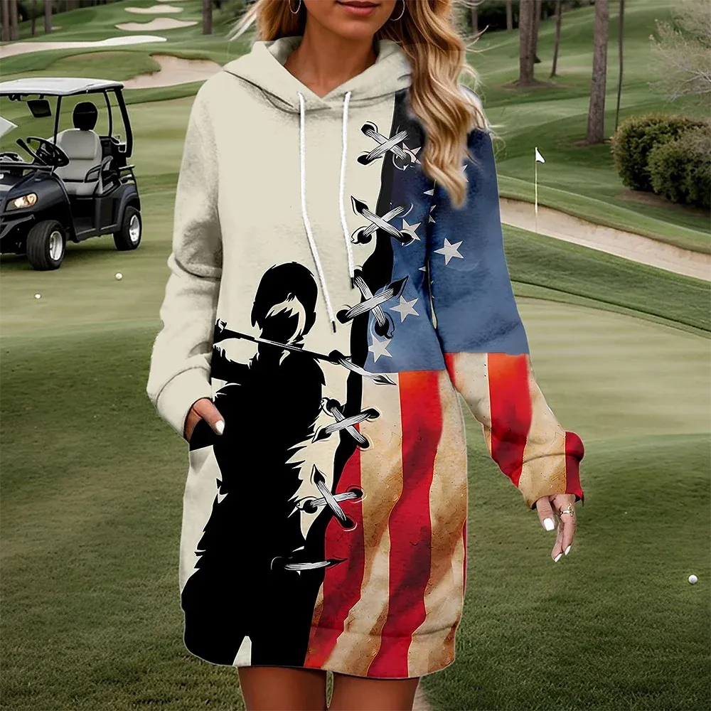 Dress Women's Golf Dress Hoodie Dress Fashion Casual Golf Print Clothes Winter Long Sleeve 3d American Flag Print Pullover Fashion Top