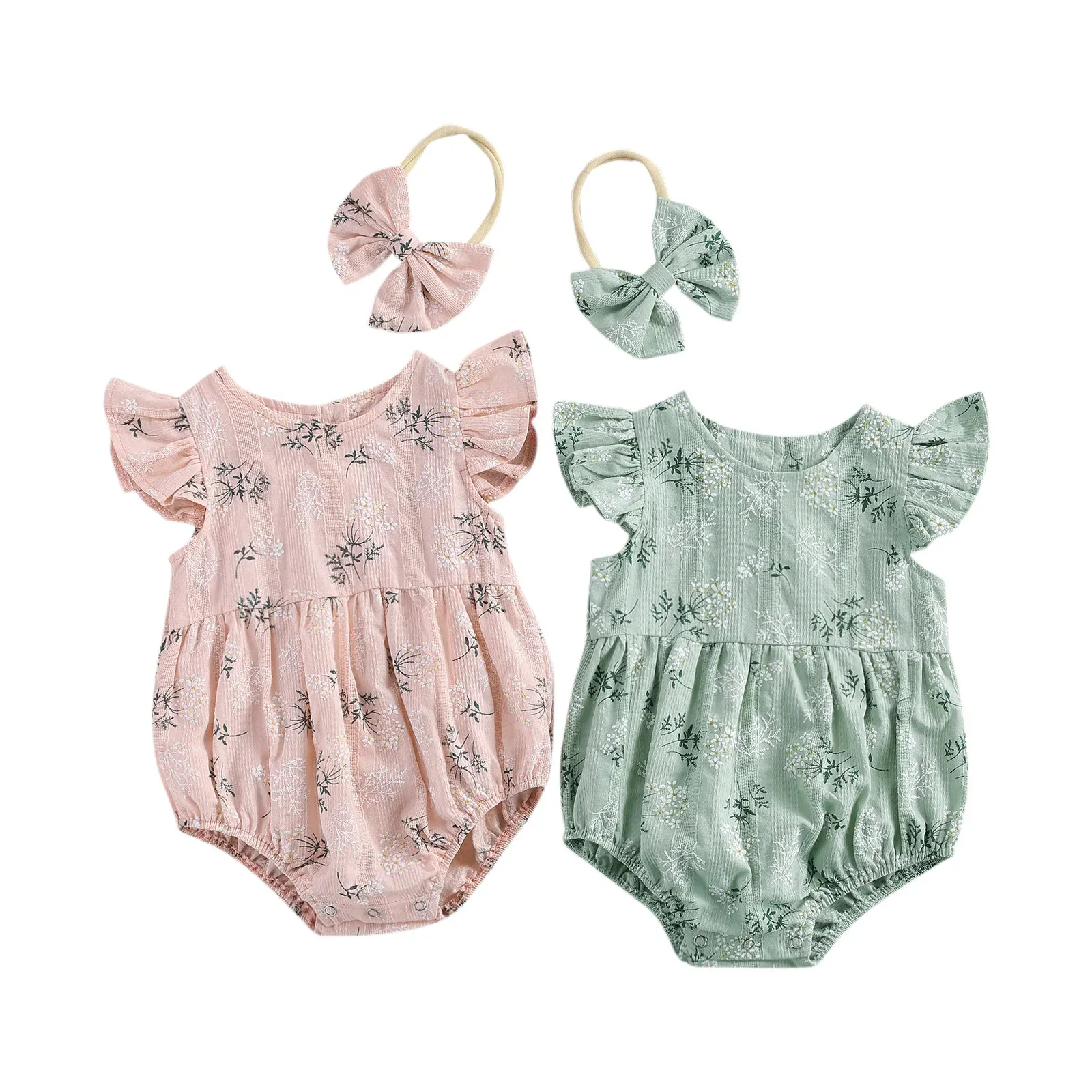 One-Pieces 2021 Baby Summer Clothing Baby Cotton Jumpsuit Headband Floral Print Round Collar Fly Sleeve Bodysuit Hair Band Girls Pink/Green