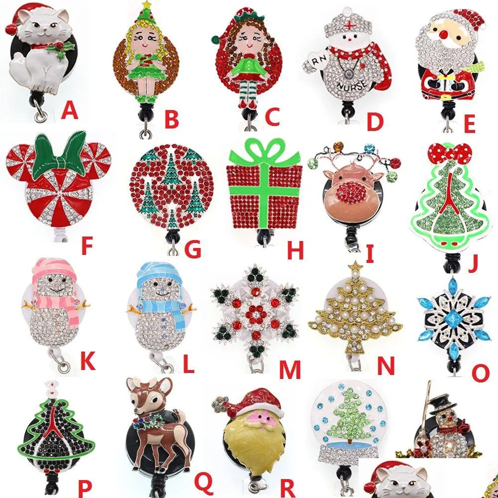 Key Rings Cartoon Christmas Rhinestone Intrekbare ID -houder voor verpleegkundige naam accessoires badge reel met alligator clip drop levering dhpy7