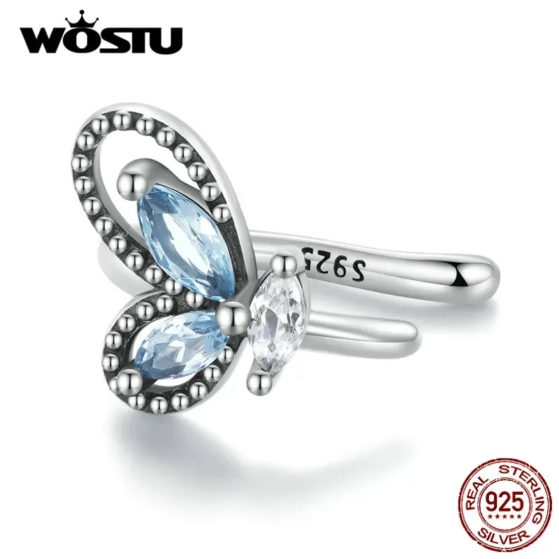 أقراط WoStu Real 925 Sterling Silver Silver Proodfly Butterfly Ear Cuffs Earrings Blue Crystal Zircon Ear Clips Wedding Jewelry Holiday Gift