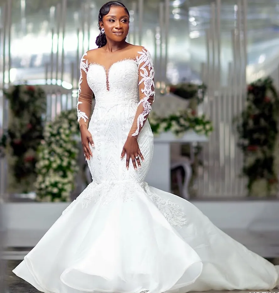 chinese dress ladies Luxurious Mermaid Lace Appliques Wedding Dress Sheer Skirt main image 0