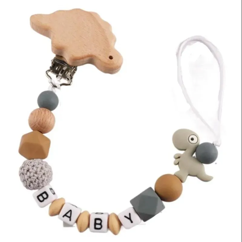 Personligt namn handgjorda silikon baby bok dummy pacifier clip dinosaurs säker tandkedjor kedjor innehavare gåva 240418
