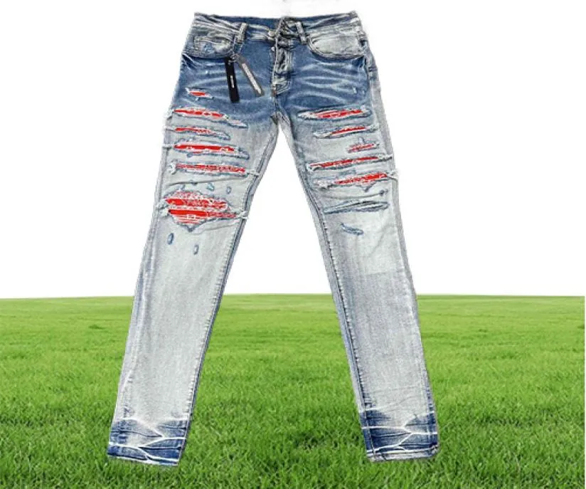 Falection Mens 22SS Red Bandana Jeans Patch Broidered Ripped Pants Motocycle Rockstar Jean2093580