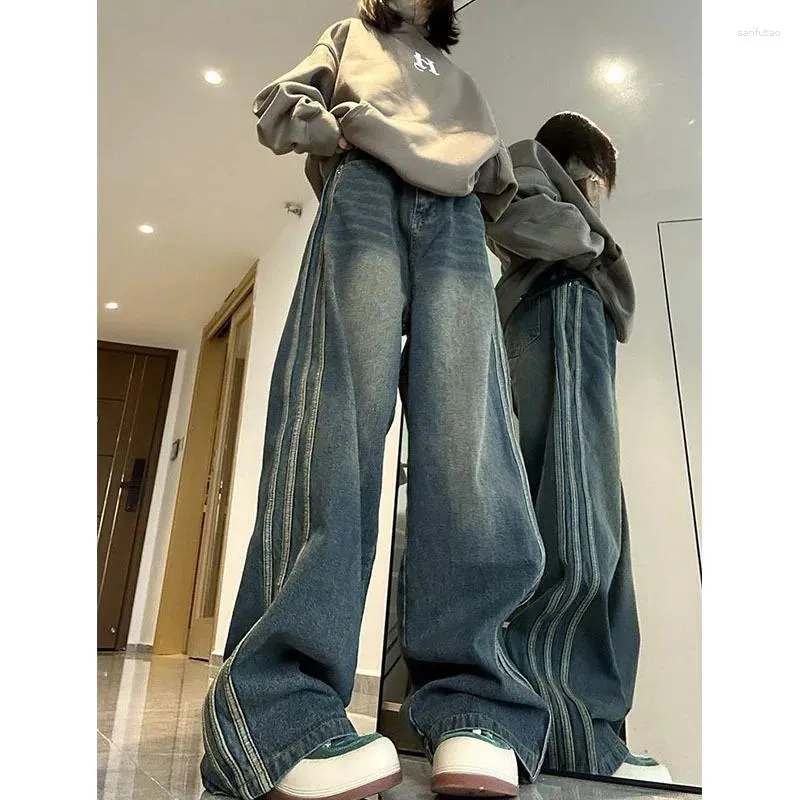 Kvinnors jeans 2024 Fashion Streetwear Side Stripe Design Micro Flared Women Spring Autumn High midja Löst Slim Wide Len Womens byxor