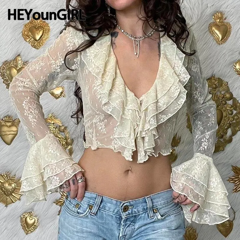 Camicie da donna heyoungirl women frill v collo cardigans flare manica lunga beige sexy corto top y2k ghirt di alta moda