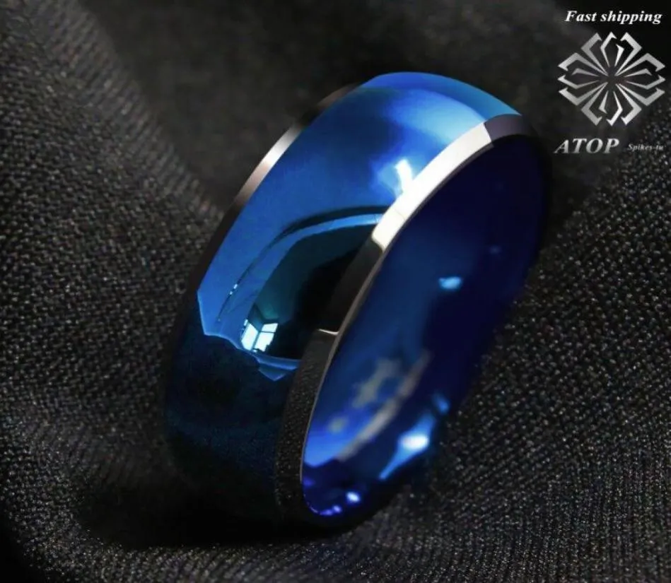 8mm Men039s Tungsten Ring Blued Veveled Silver Edges Wedding Rings Y190522018373974